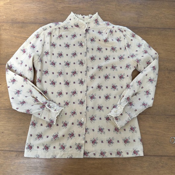 Vintage 70s Land n Sea Prairie Cottage Western Floral lace cream blouse Small 34 - Picture 4 of 12